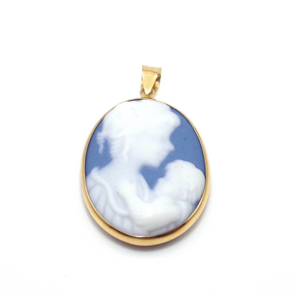 10K Yellow Gold Blue Jasper Mother Baby Oval Pendant